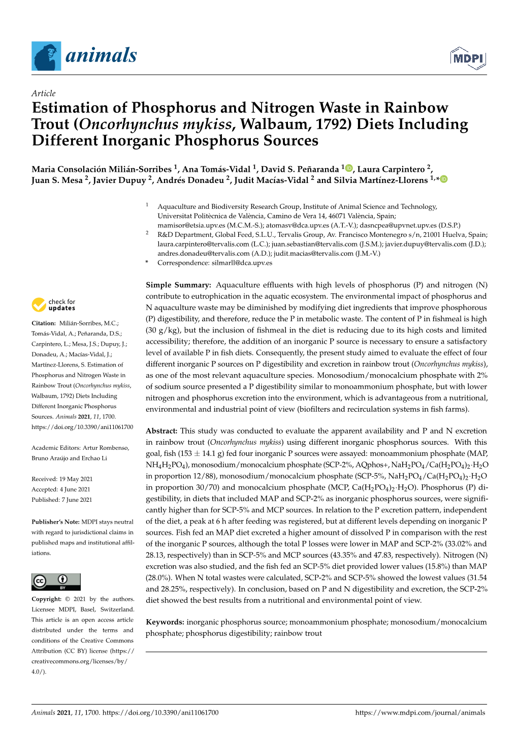 Estimation of Phosphorus and Nitrogen Waste in Rainbow Trout (Oncorhynchus Mykiss, Walbaum, 1792) Diets Including Different Inorganic Phosphorus Sources