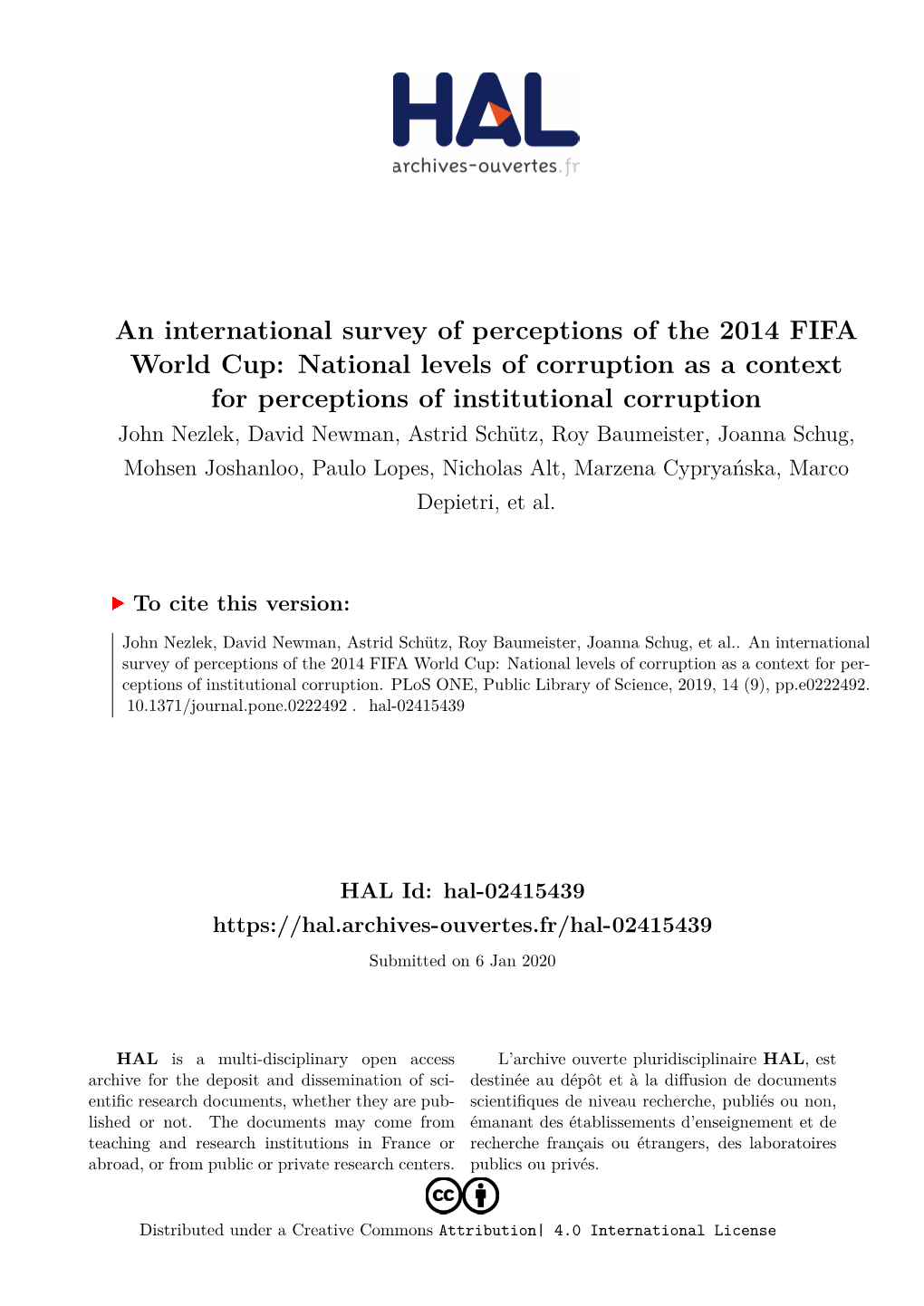 An International Survey of Perceptions of the 2014 FIFA World
