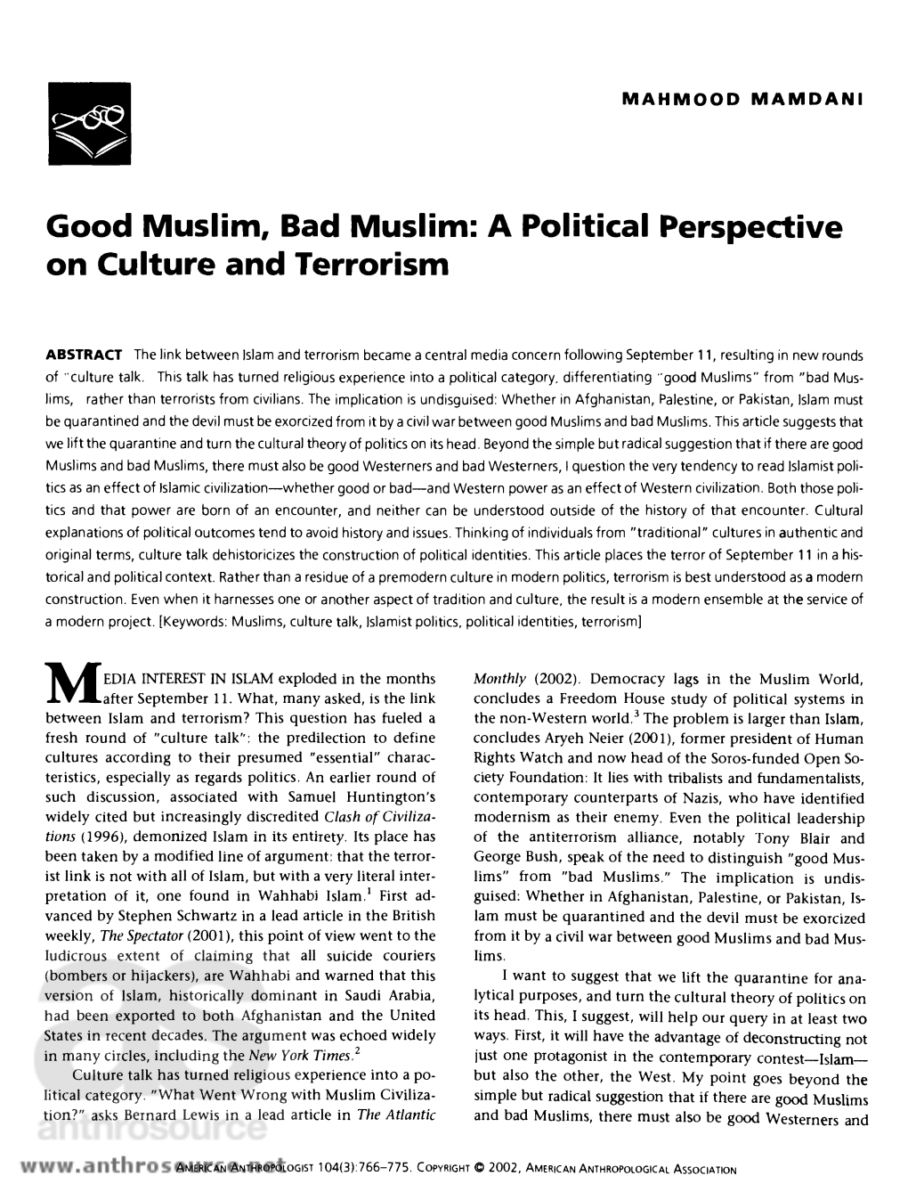 Good Muslim, Bad Muslim: a Political Perspective on Culture and Terrorism