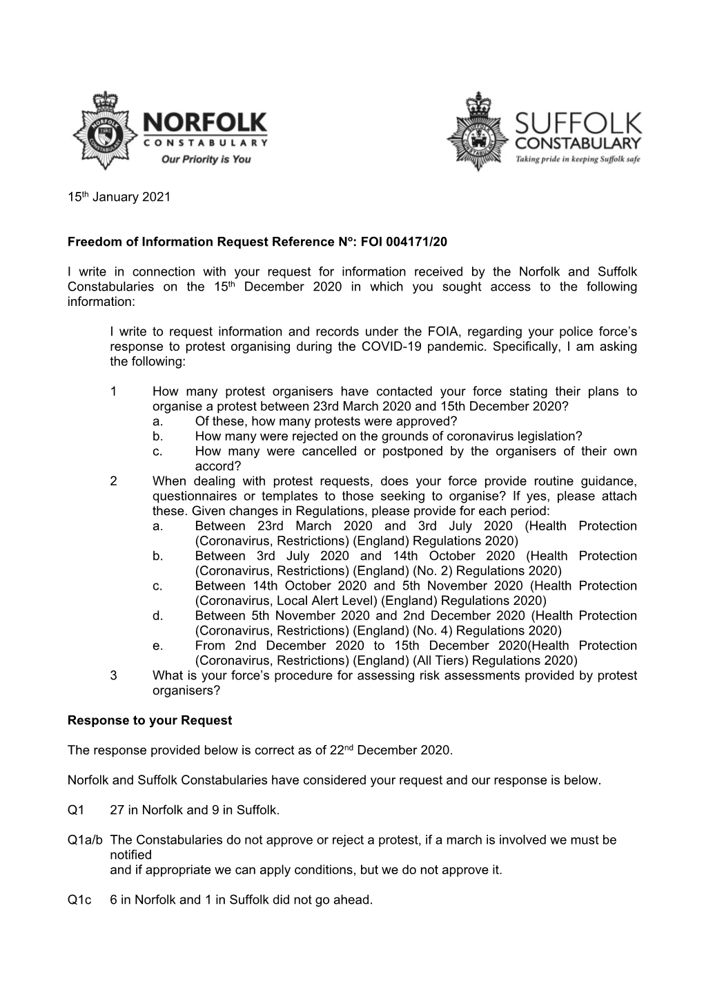 FOI 004171/20 I Write in Connection with Your Request for Informa