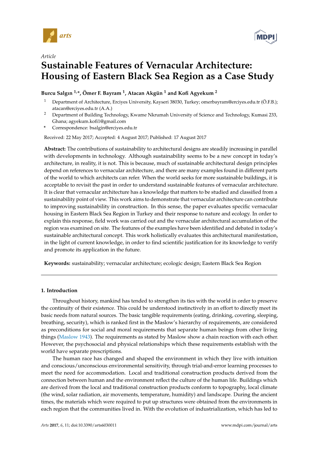 Sustainable Features of Vernacular Architecture: Housing of Eastern Black Sea Region As a Case Study