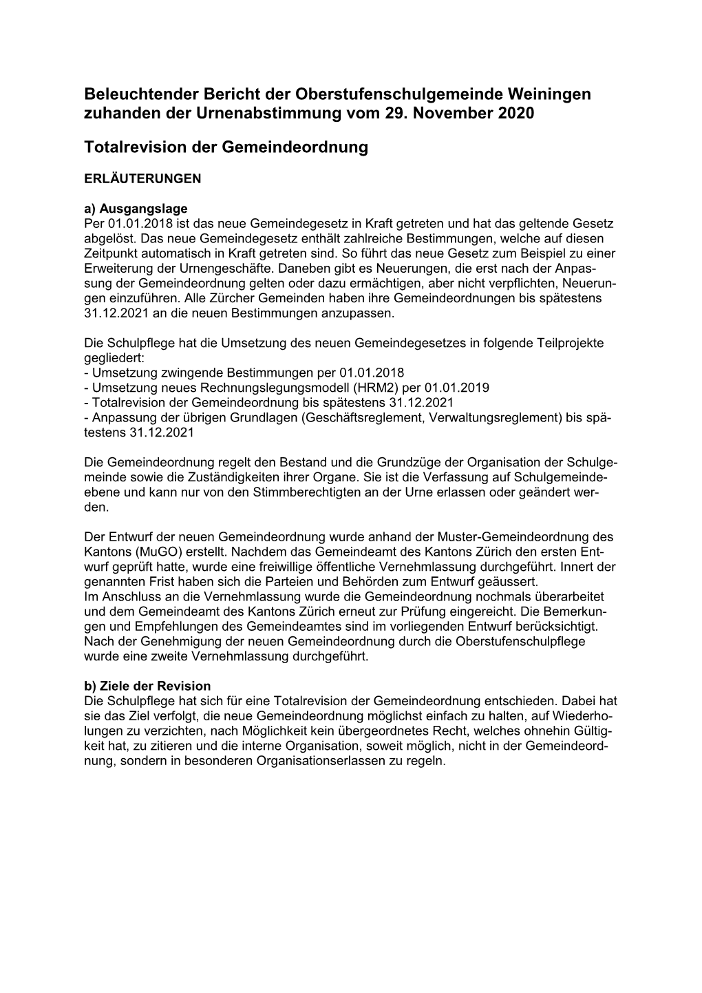 Beleuchtender Bericht Der Oberstufenschulgemeinde Weiningen Zuhanden Der Urnenabstimmung Vom 29