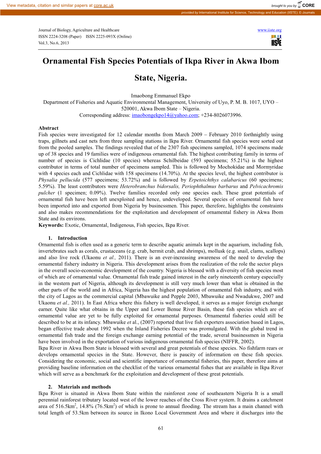 Ornamental Fish Species Potentials of Ikpa River in Akwa Ibom State, Nigeria