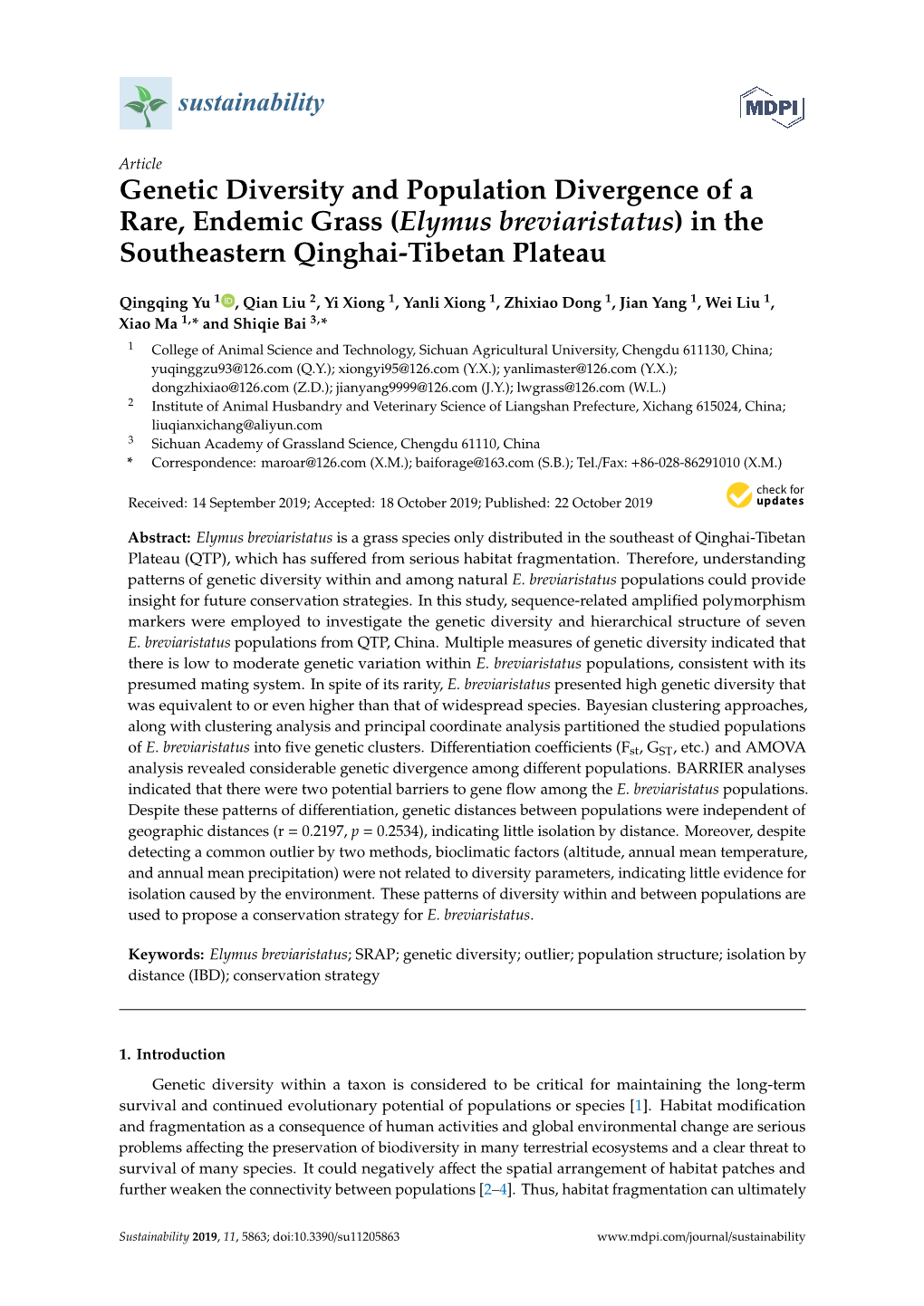 Genetic Diversity and Population Divergence of a Rare, Endemic Grass (Elymus Breviaristatus) in the Southeastern Qinghai-Tibetan Plateau