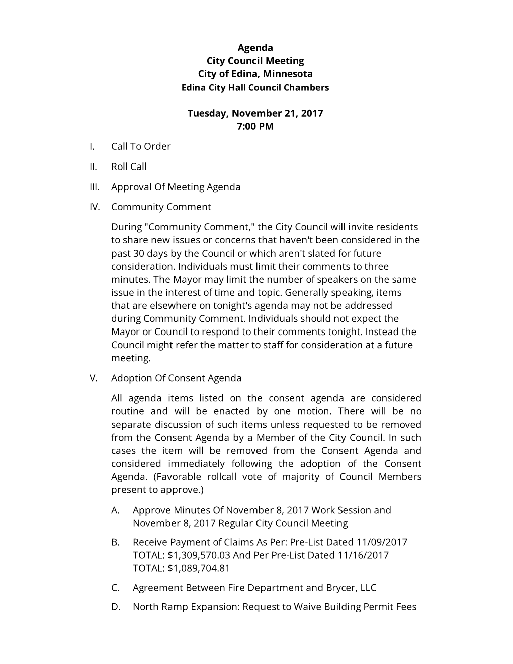 Agenda City Council Meeting City of Edina, Minnesota Tuesday