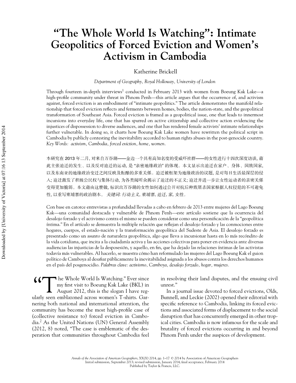 “The Whole World Is Watching”: Intimate Geopolitics of Forced Eviction and Women's Activism in Cambodia