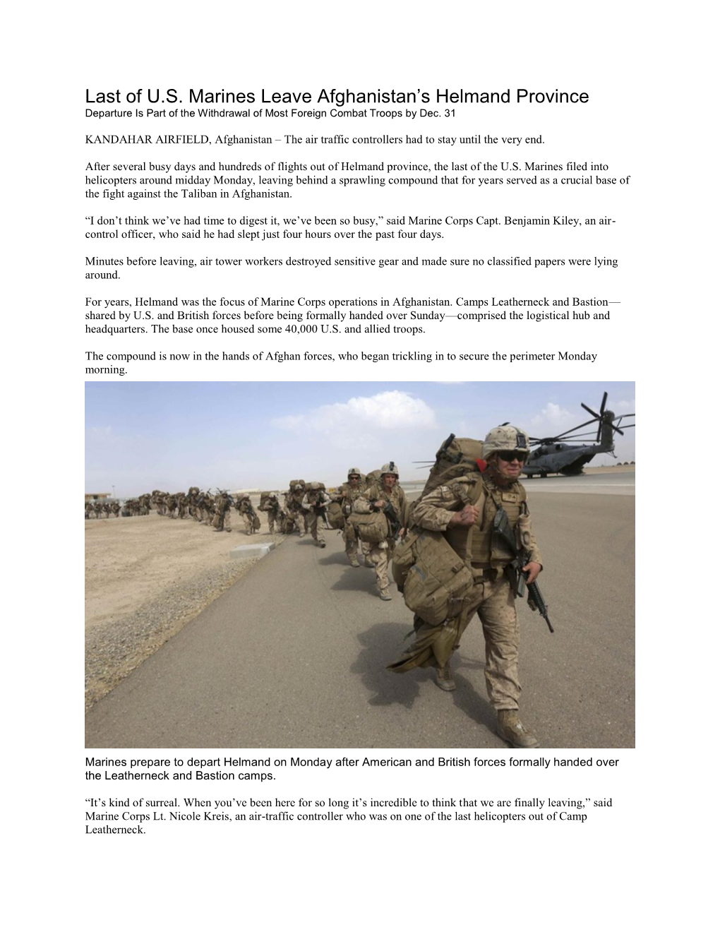 Last of U.S. Marines Leave Afghanistan's Helmand Province