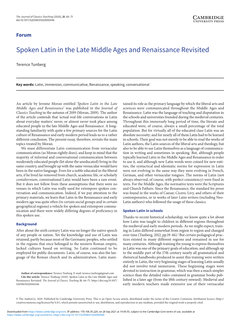 Spoken Latin in the Late Middle Ages and Renaissance Revisited