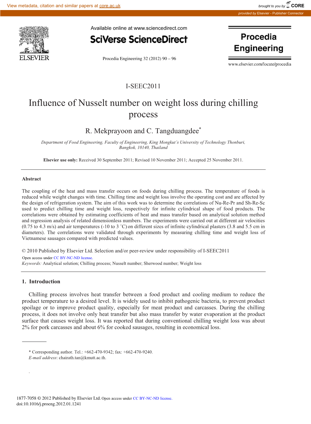 Influence of Nusselt Number on Weight Loss During Chilling Process