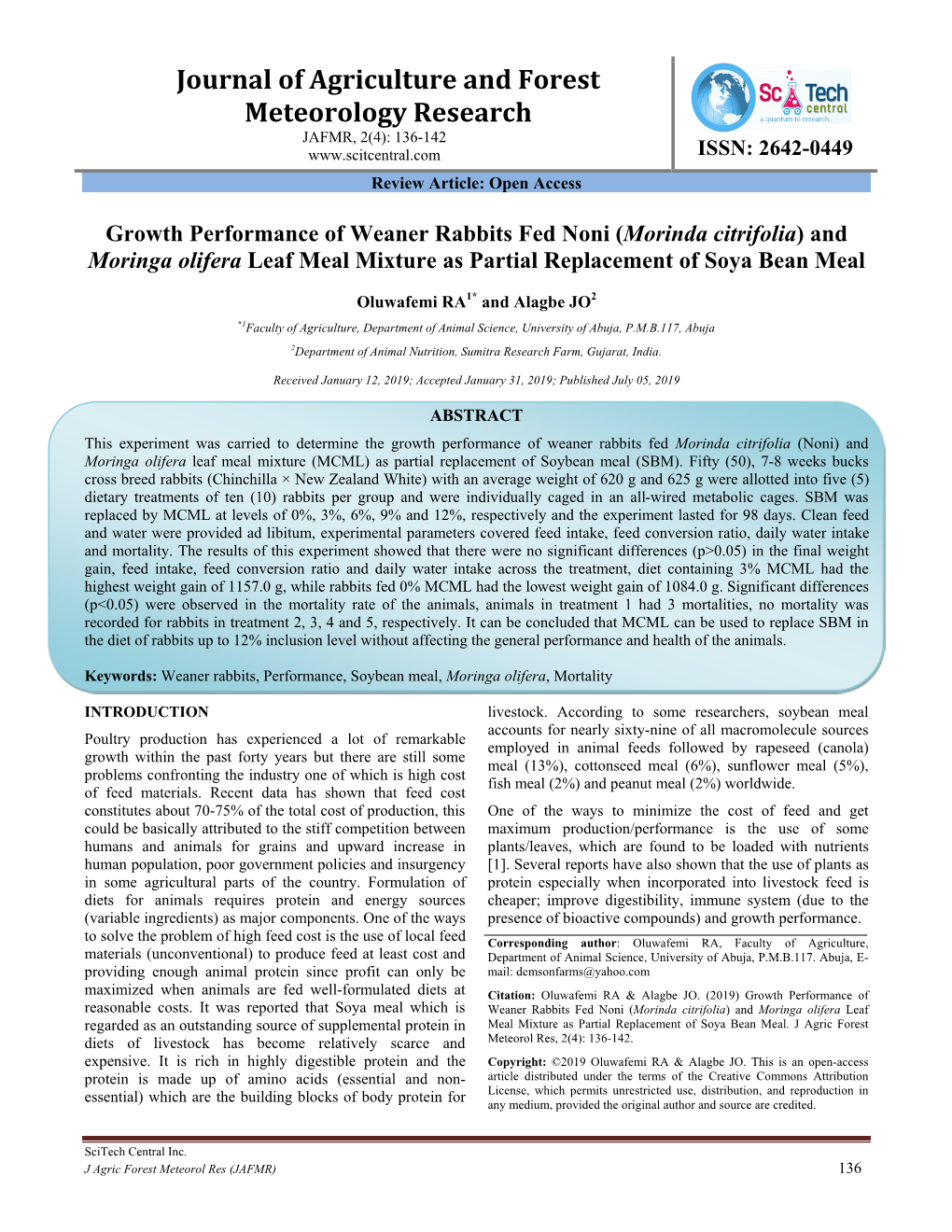 Morinda Citrifolia) and Moringa Olifera Leaf Meal Mixture As Partial Replacement of Soya Bean Meal