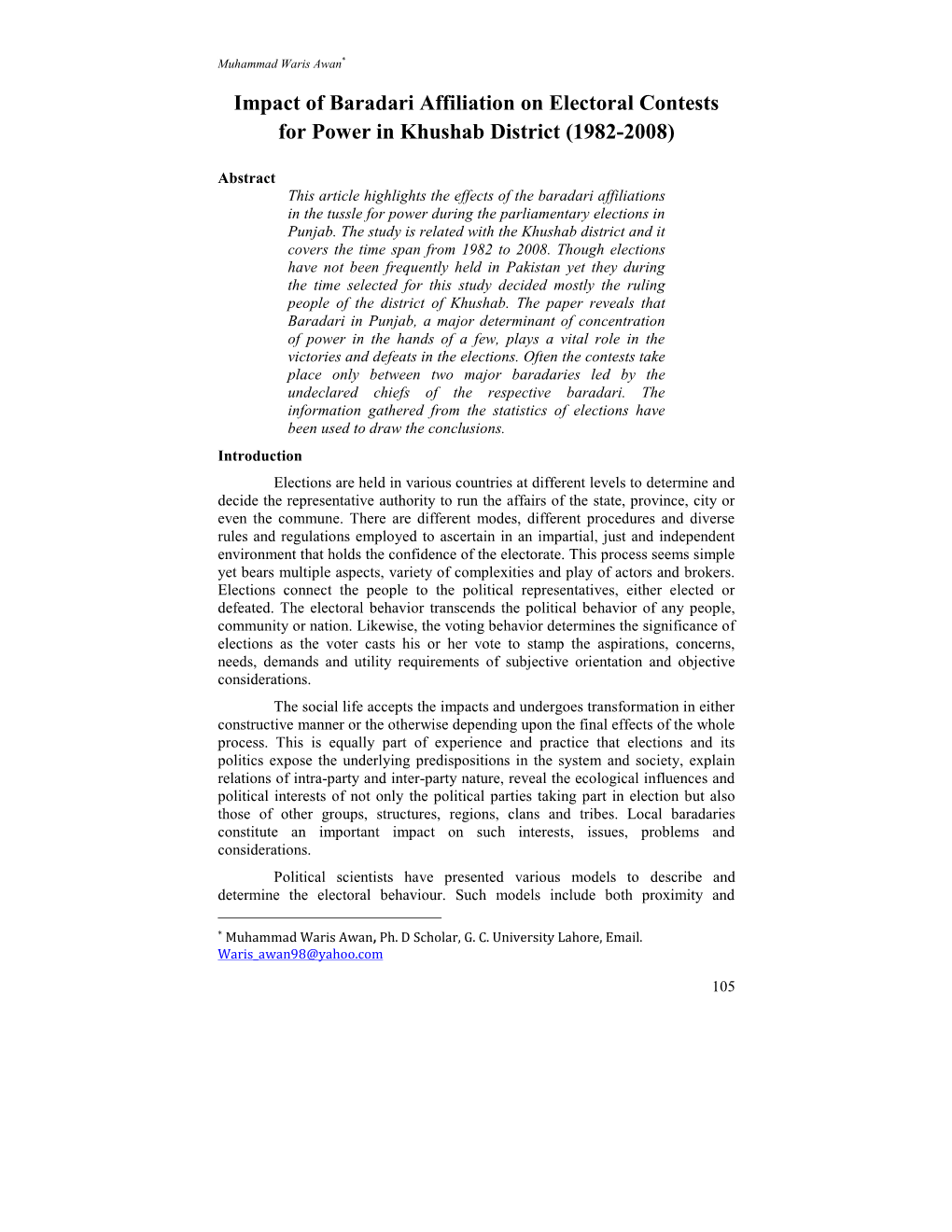 Impact of Baradari Affiliation on Electoral Contests for Power in Khushab District (1982-2008)