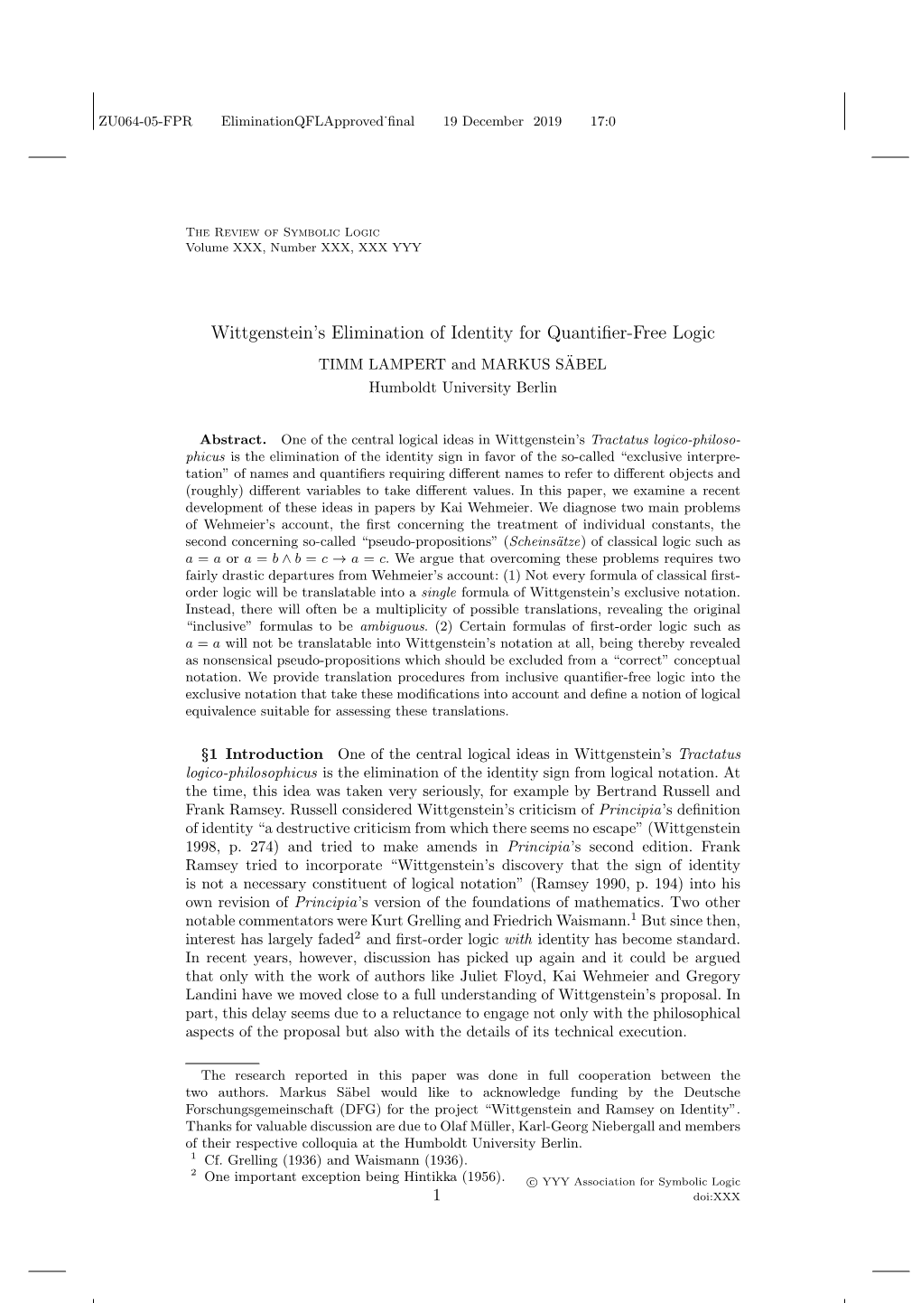 Wittgenstein's Elimination of Identity for Quantifier-Free Logic