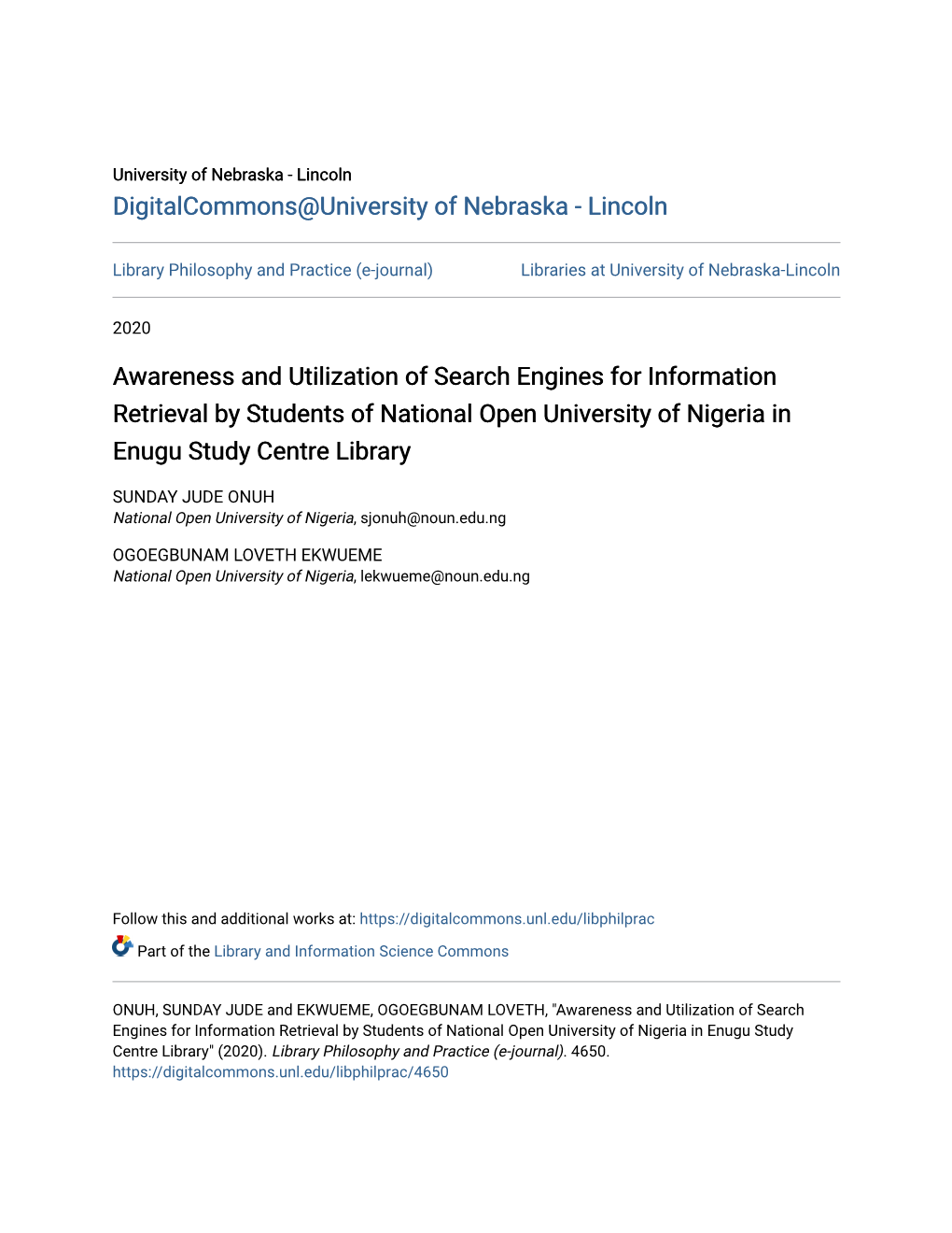 Awareness and Utilization of Search Engines for Information Retrieval by Students of National Open University of Nigeria in Enugu Study Centre Library