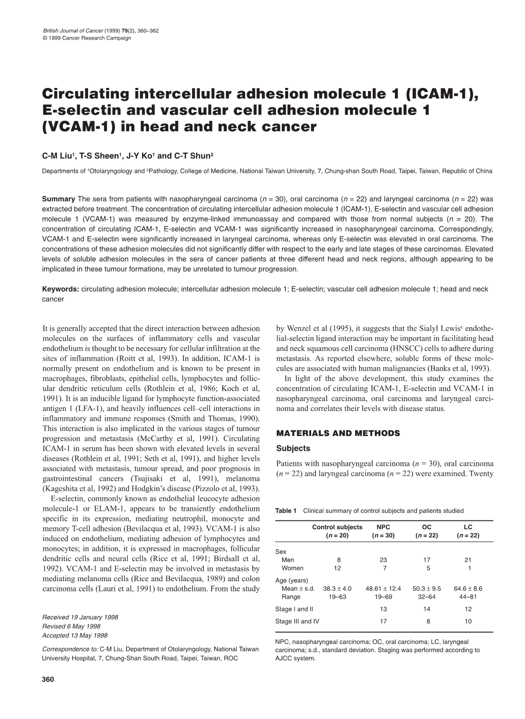 Circulating Intercellular Adhesion Molecule 1 (ICAM-1), E-Selectin