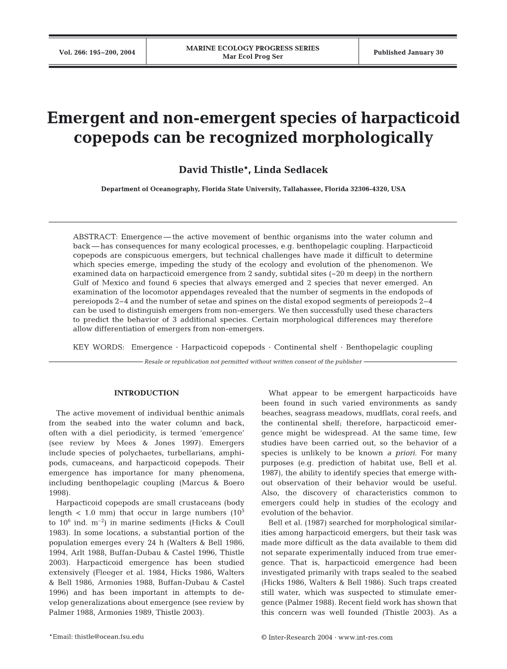 Emergent and Non-Emergent Species of Harpacticoid Copepods Can Be Recognized Morphologically