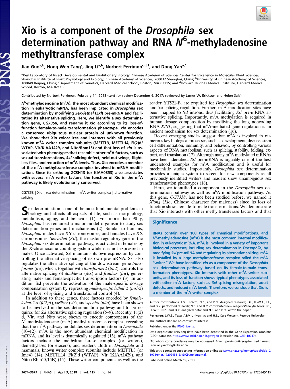 Xio Is a Component of the Drosophila Sex Determination Pathway and RNA N6-Methyladenosine Methyltransferase Complex