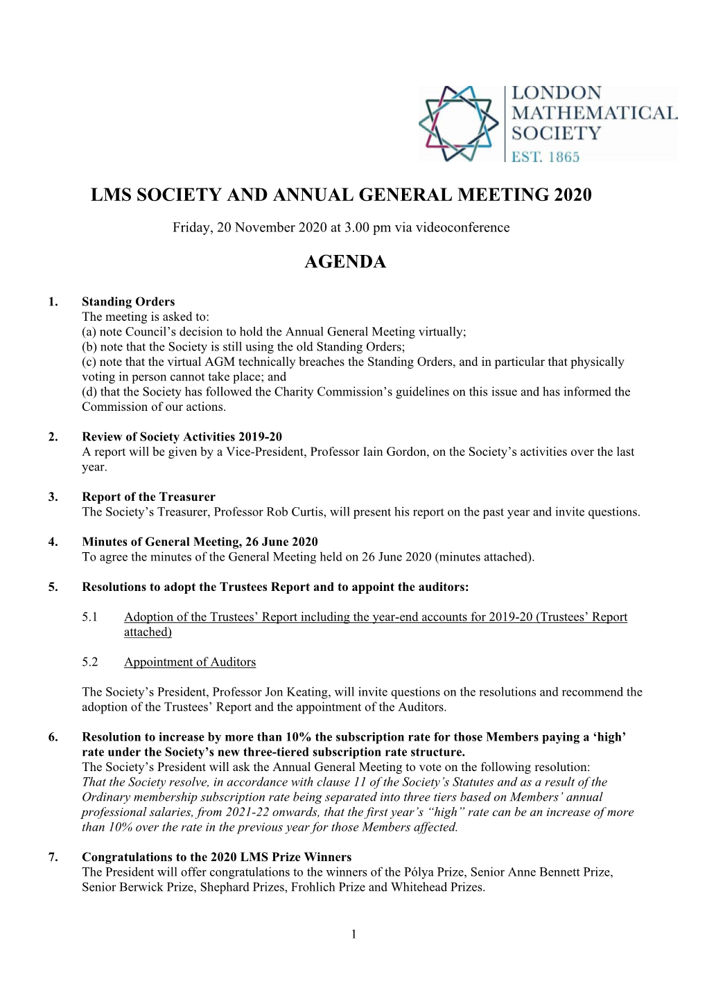 Lms Society and Annual General Meeting 2020 Agenda