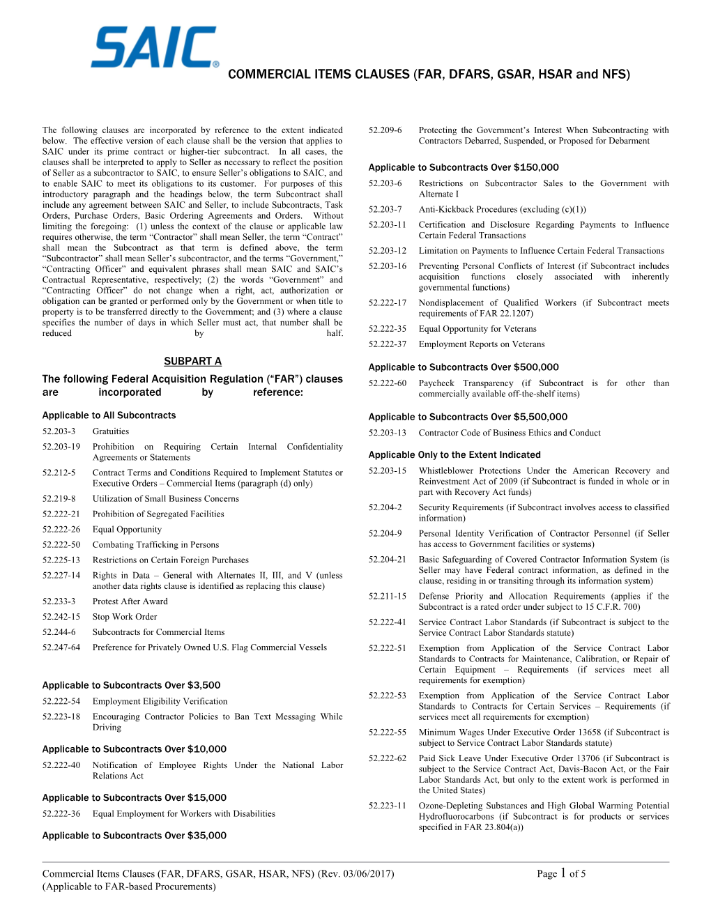 COMMERCIAL ITEMS CLAUSES (FAR, DFARS, GSAR, HSAR and NFS)