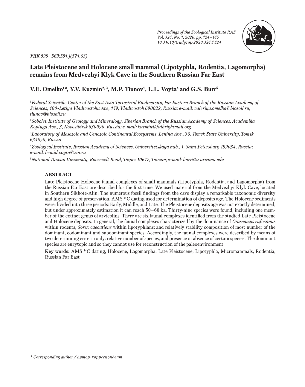 Late Pleistocene and Holocene Small Mammal (Lipotyphla, Rodentia, Lagomorpha) Remains from Medvezhyi Klyk Cave in the Southern Russian Far East