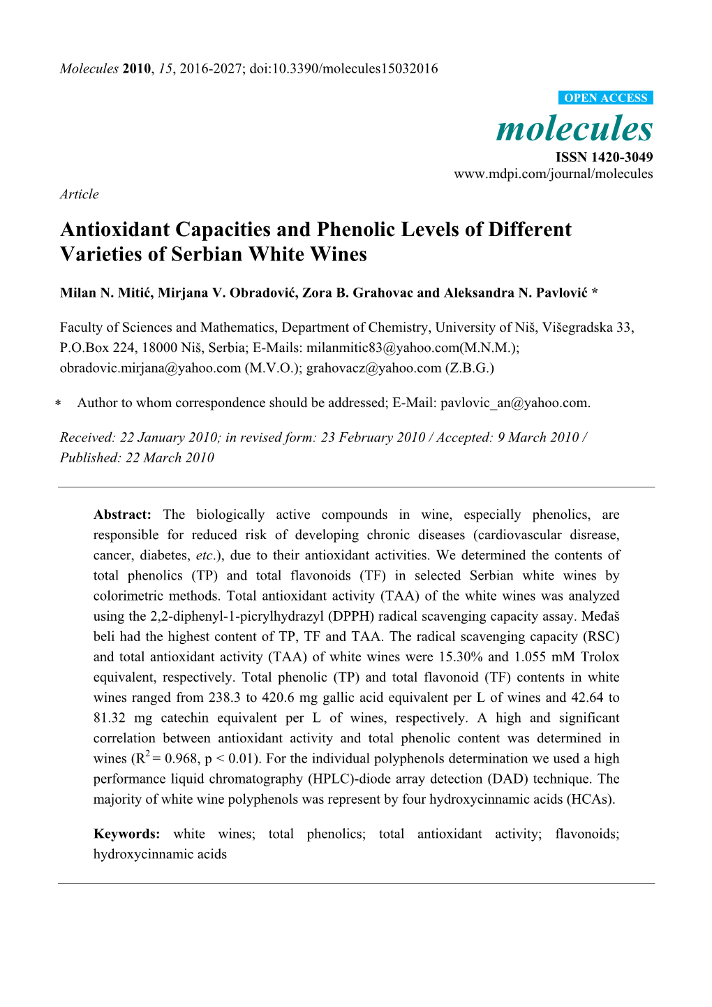 Antioxidant Capacities and Phenolic Levels of Different Varieties of Serbian White Wines