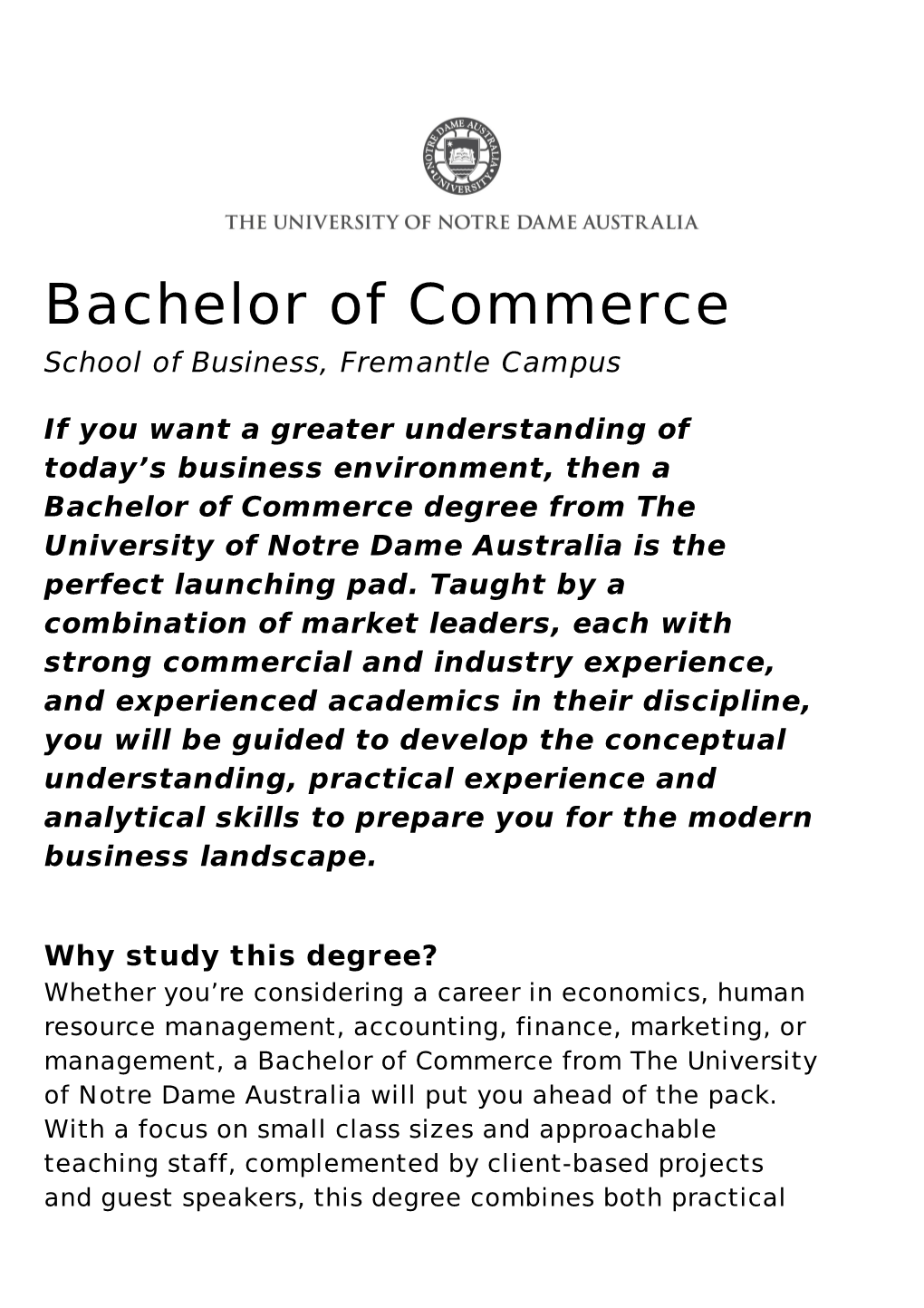 Bachelor of Commerce School of Business, Fremantle Campus