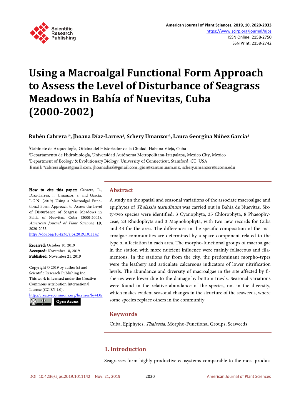 Using a Macroalgal Functional Form Approach to Assess the Level of Disturbance of Seagrass Meadows in Bahía of Nuevitas, Cuba (2000-2002)