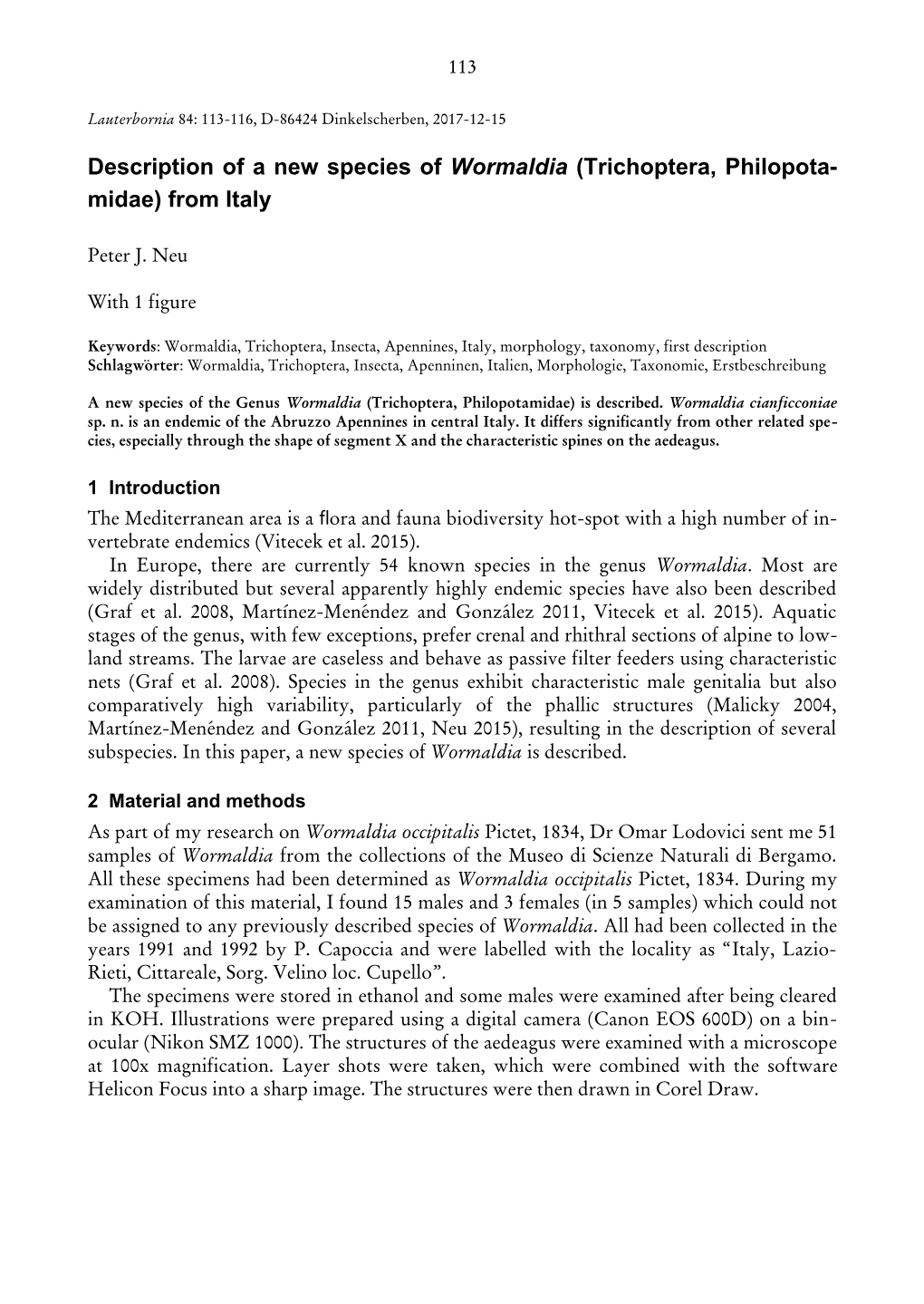 Description of a New Species of Wormaldia (Trichoptera, Philopota- Midae) from Italy