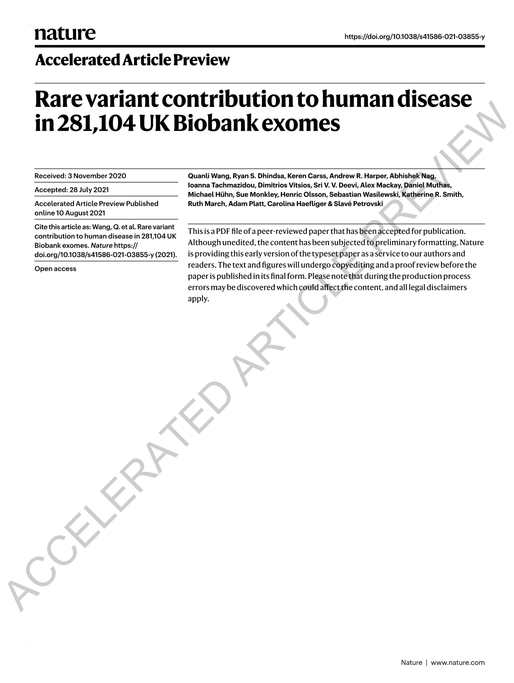 Rare Variant Contribution to Human Disease in 281,104 UK Biobank Exomes W ­ 1,19 1,19 2,19 2 2 Quanli Wang , Ryan S