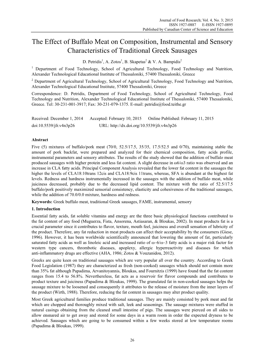 The Effect of Buffalo Meat on Composition, Instrumental and Sensory Characteristics of Traditional Greek Sausages