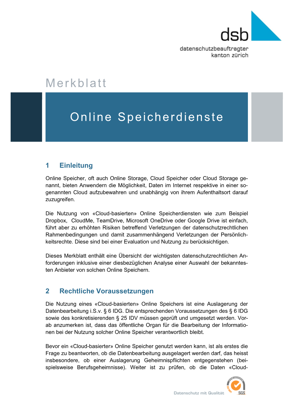 Merkblatt Online-Speicherdienste