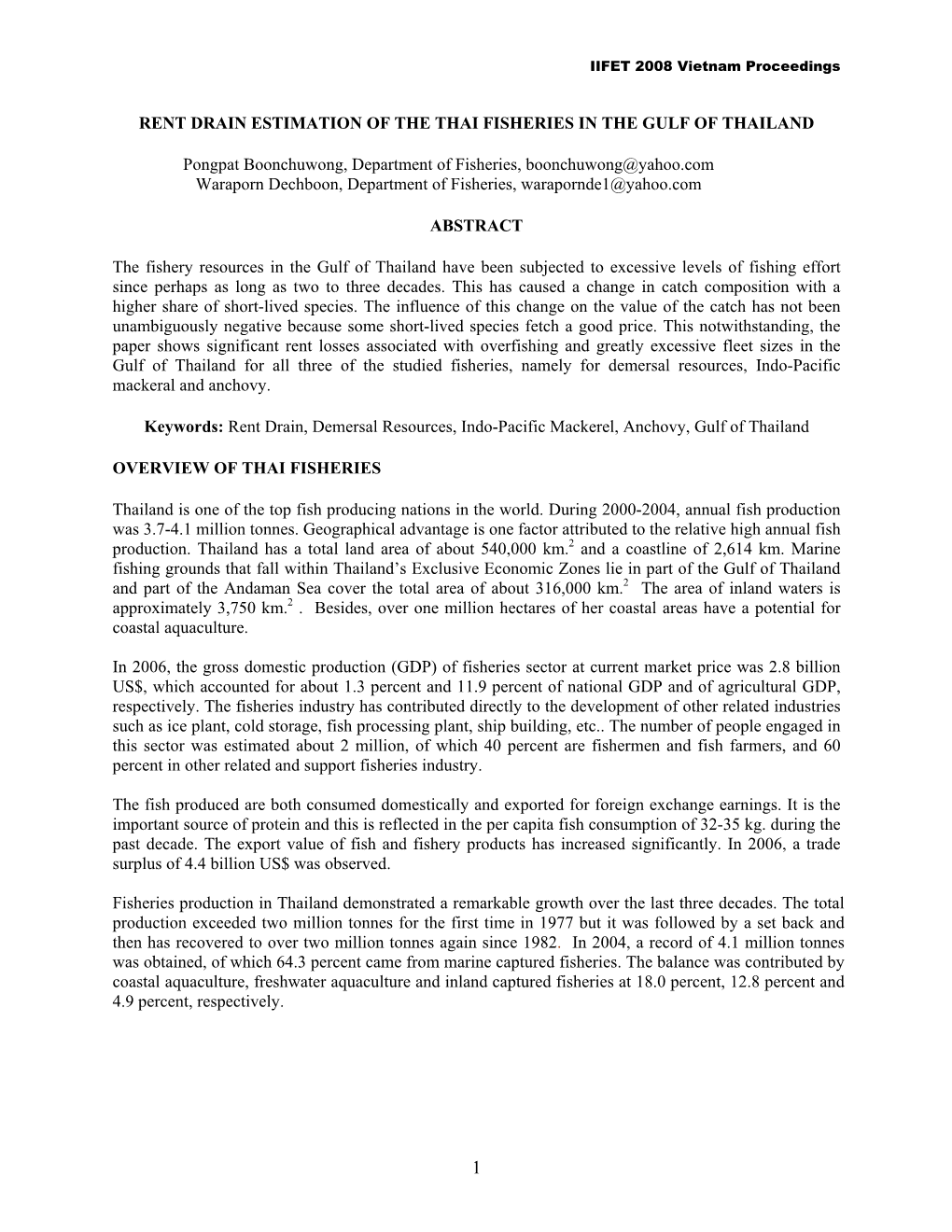 Rent Drain Estimation of the Thai Fisheries in the Gulf of Thailand