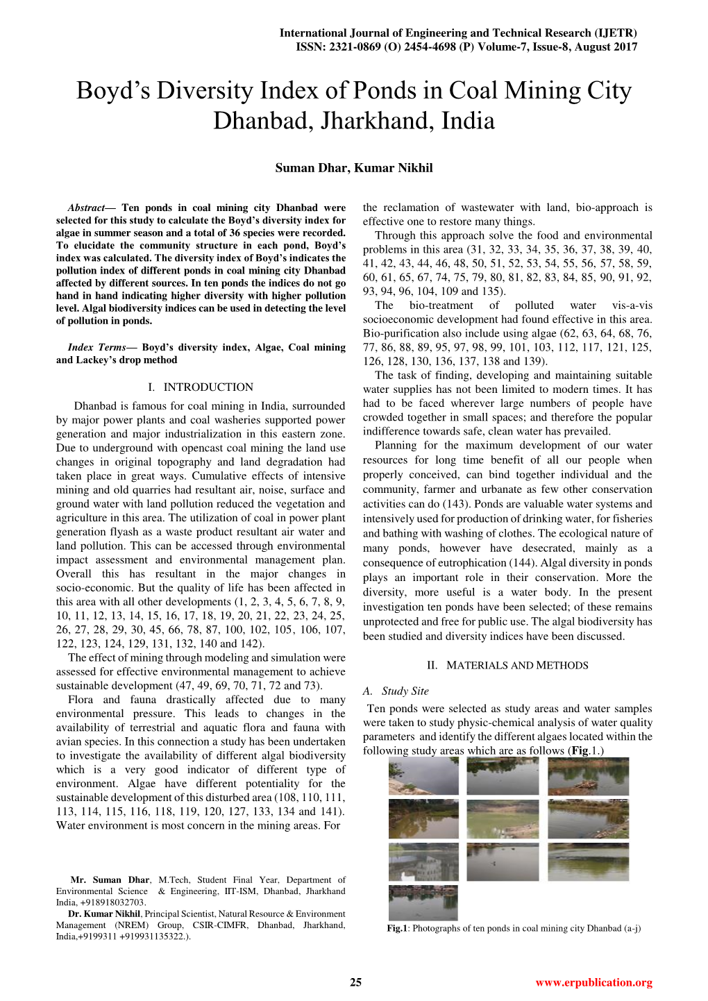 Boyd's Diversity Index of Ponds in Coal Mining City Dhanbad