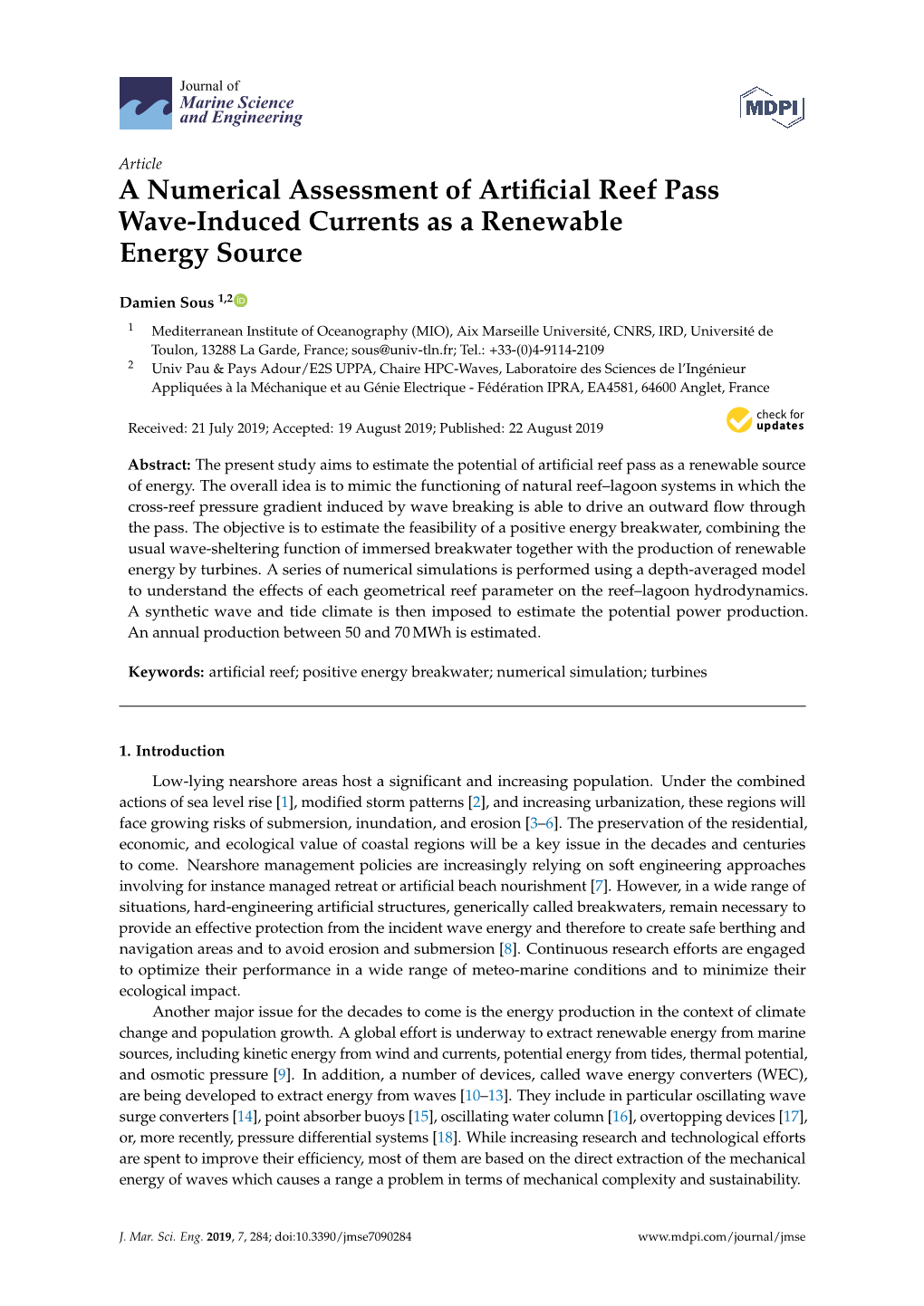 A Numerical Assessment of Artificial Reef Pass Wave-Induced Currents As a Renewable Energy Source