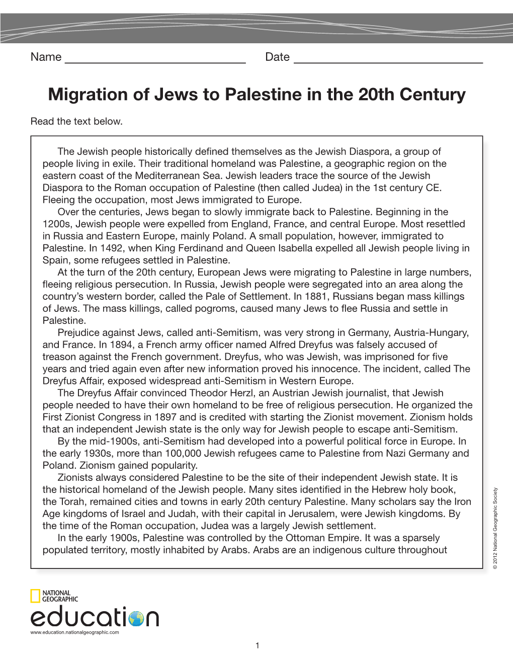 Migration of Jews to Palestine in the 20Th Century