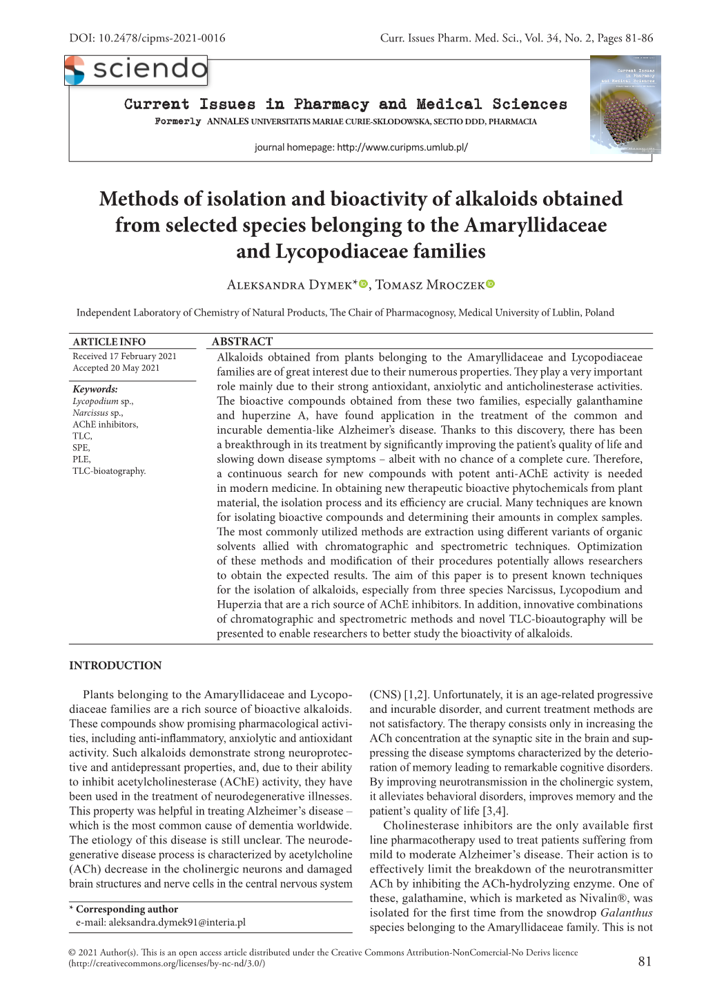 Methods of Isolation and Bioactivity of Alkaloids Obtained from Selected
