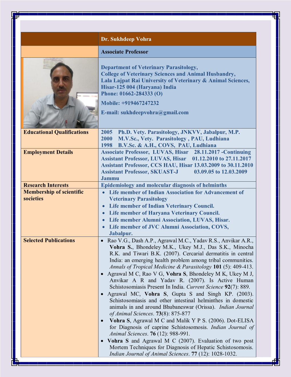 Dr. Sukhdeep Vohra Associate Professor Department of Veterinary