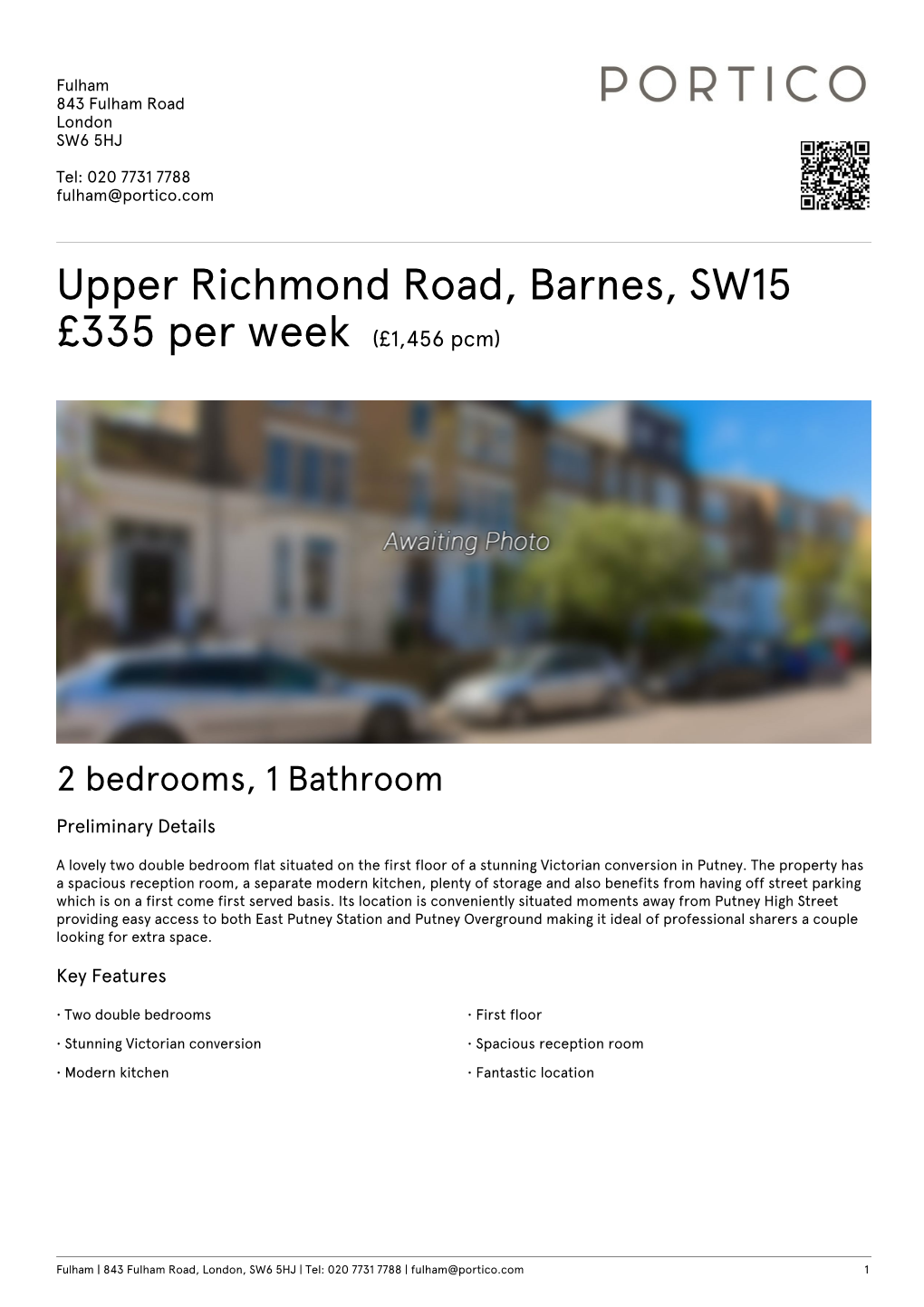 Upper Richmond Road, Barnes, SW15 £335 Per Week