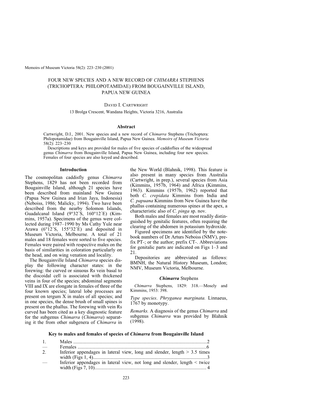 Four New Species and a New Record of Chimarra Stephens (Trichoptera: Philopotamidae) from Bougainville Island, Papua New Guinea