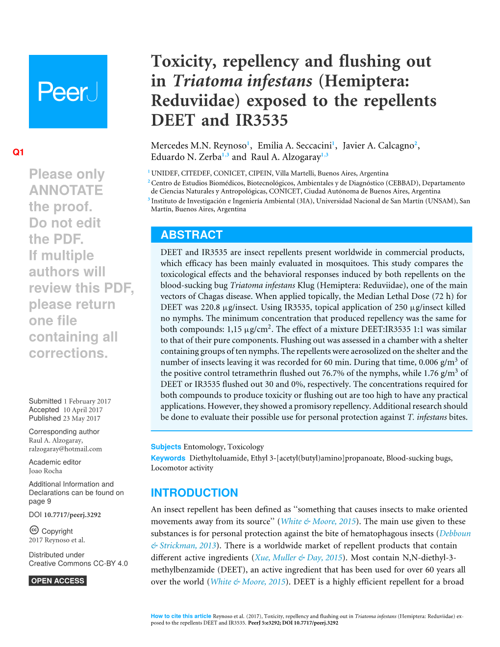 Toxicity, Repellency and Flushing out in Triatoma Infestans (Hemiptera: Reduviidae) Exposed to the Repellents DEET and IR3535