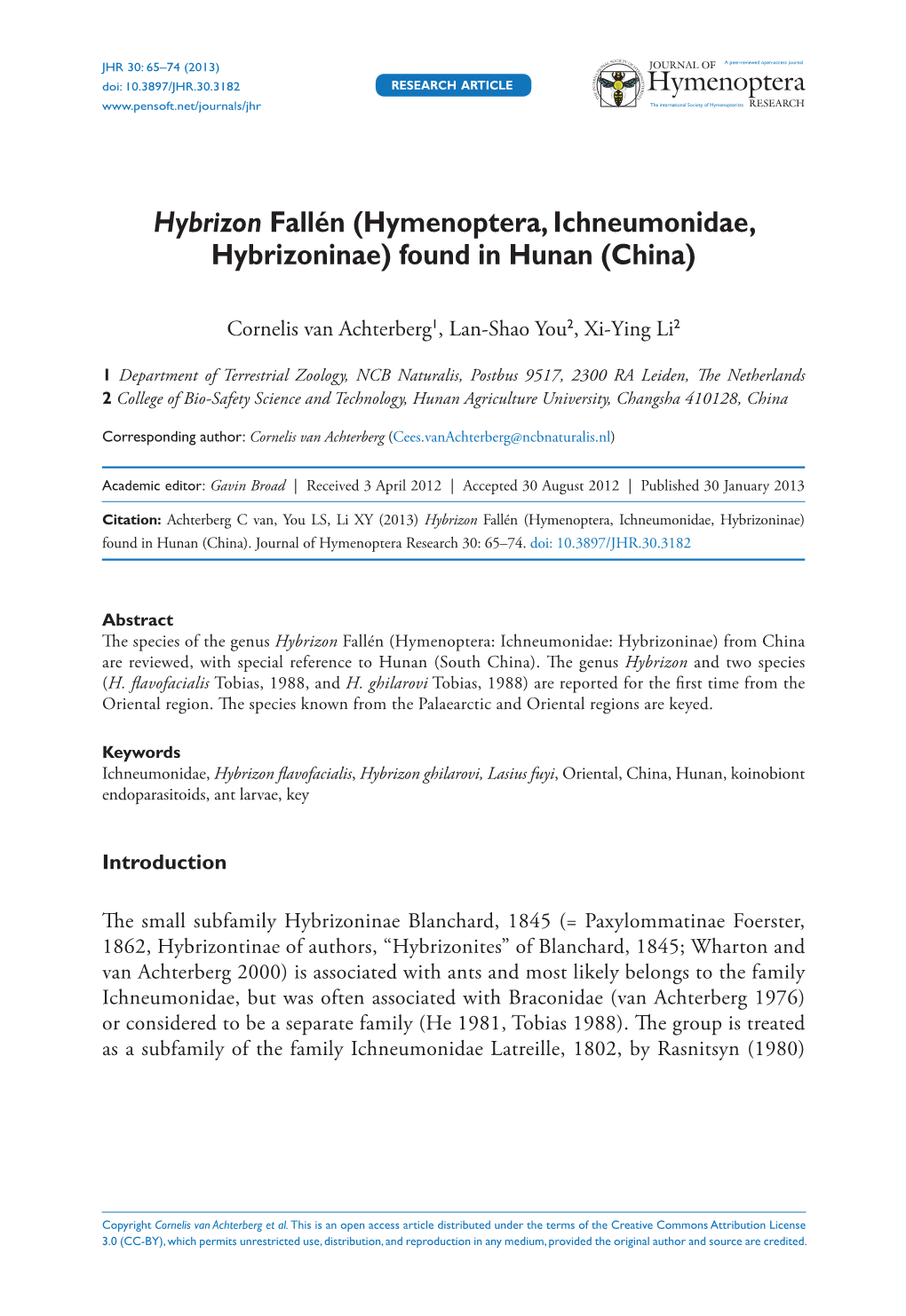 Hybrizon Fallén (Hymenoptera, Ichneumonidae, Hybrizoninae) Found in Hunan (China)