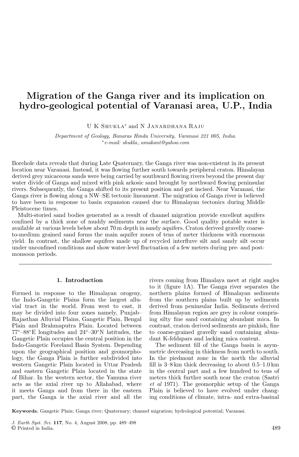 Migration of the Ganga River and Its Implication on Hydro-Geological Potential of Varanasi Area, U.P., India