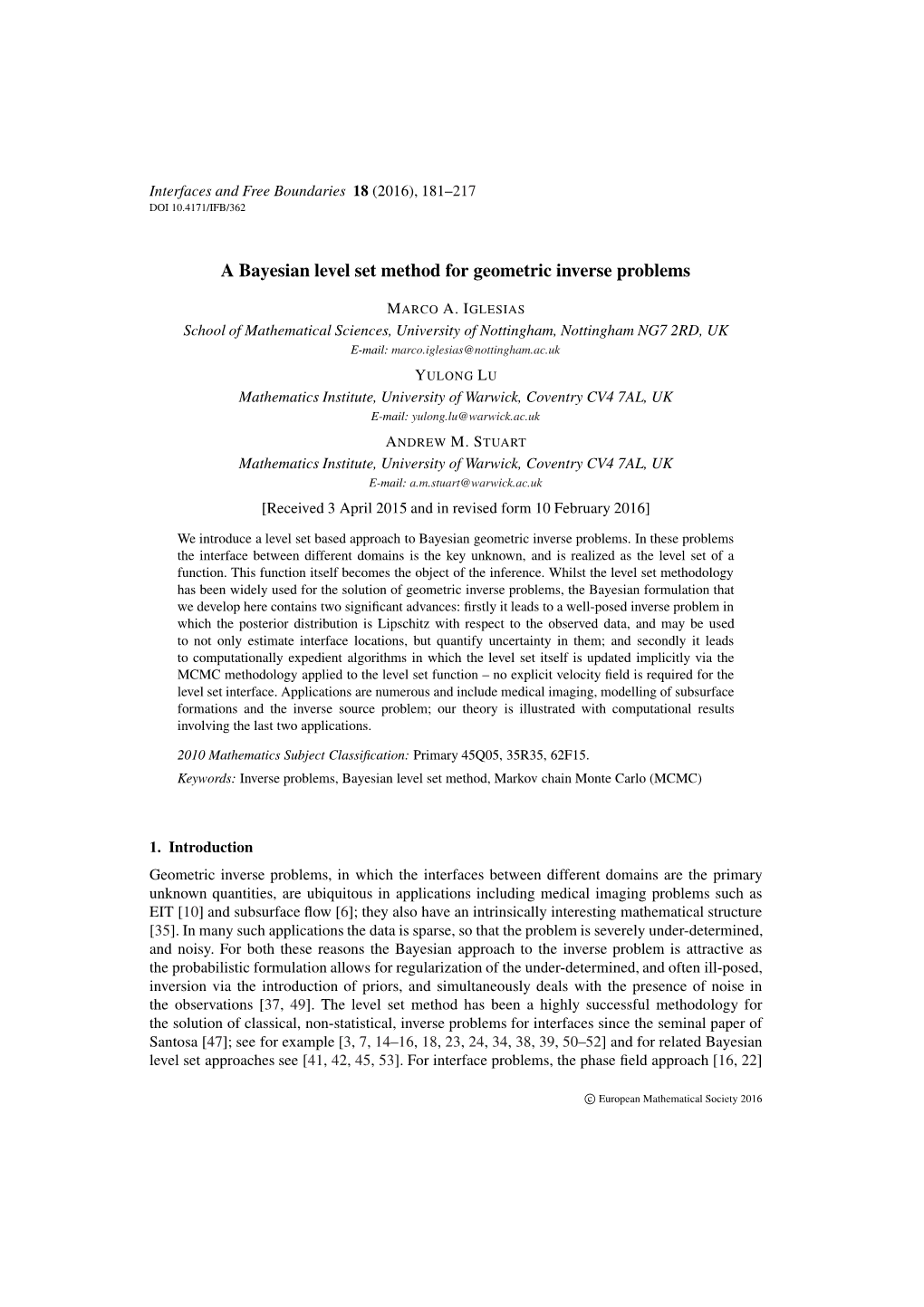 A Bayesian Level Set Method for Geometric Inverse Problems