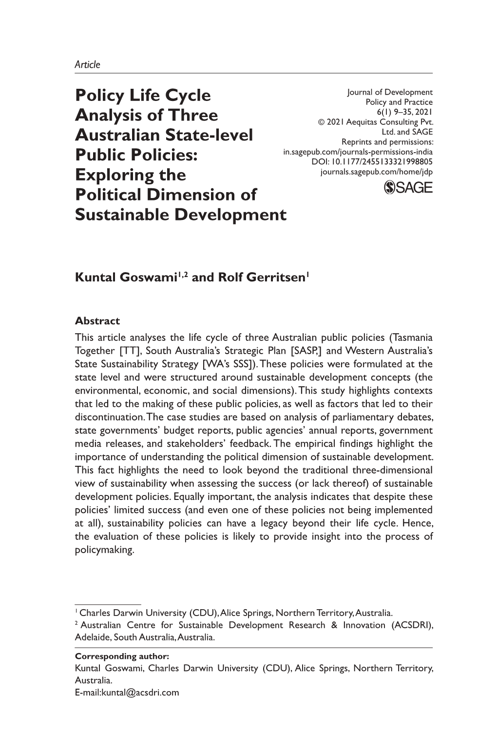 Policy Life Cycle Analysis of Three Australian State-Level Public