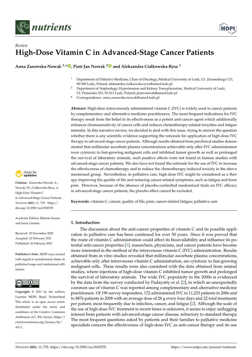 High-Dose Vitamin C in Advanced-Stage Cancer Patients