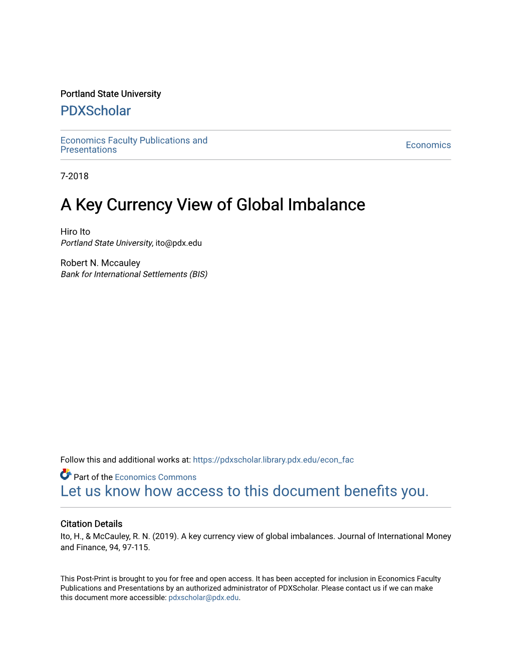 A Key Currency View of Global Imbalance