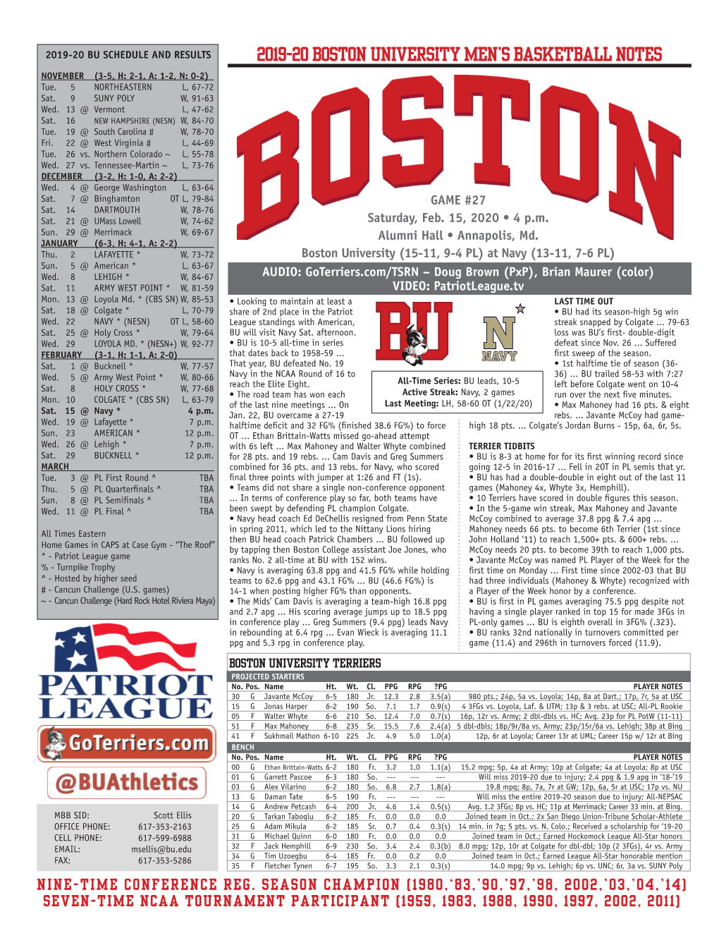2019-20 Boston University Men's Basketball Notes