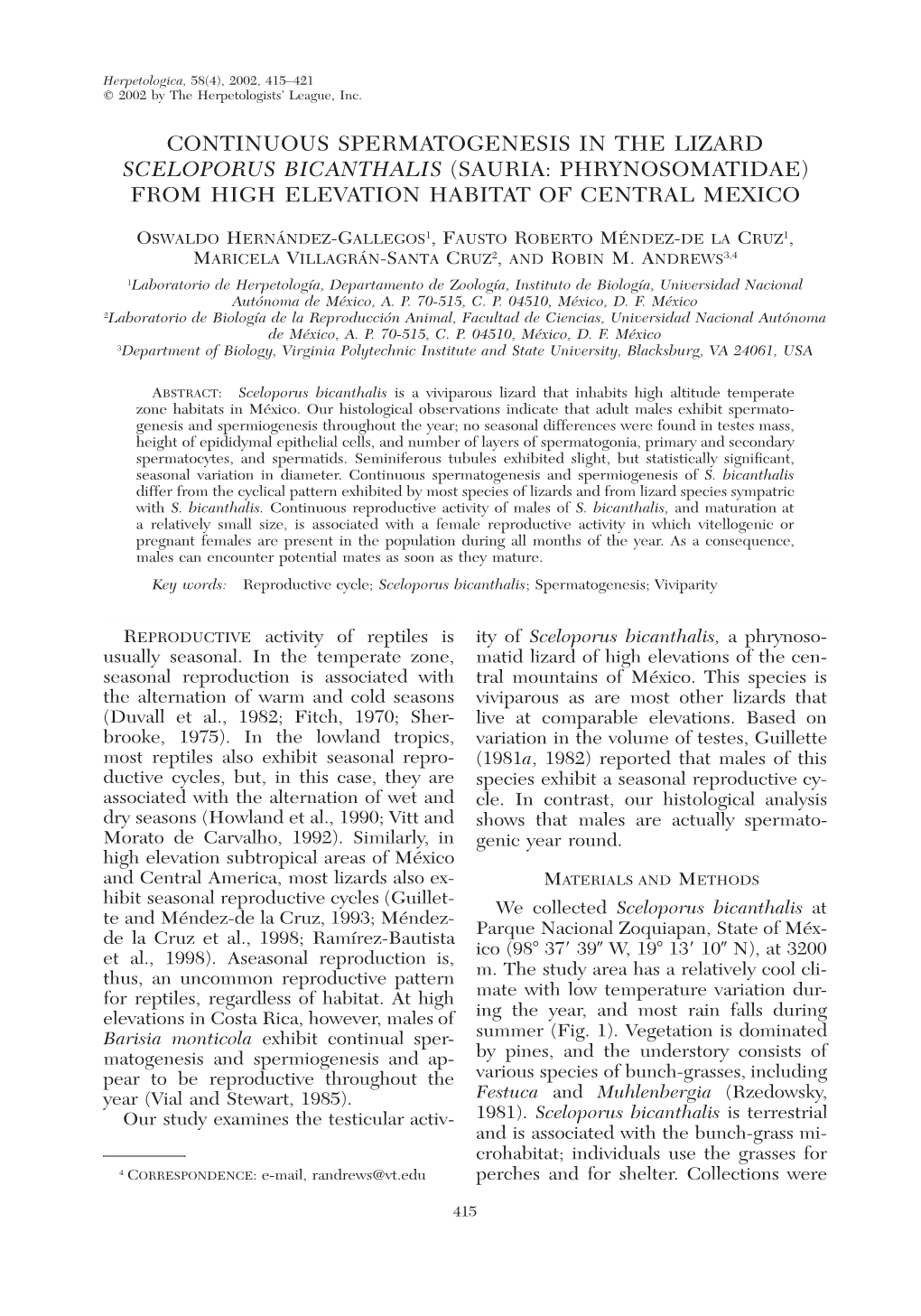 Continuous Spermatogenesis in the Lizard Sceloporus Bicanthalis (Sauria: Phrynosomatidae) from High Elevation Habitat of Central Mexico