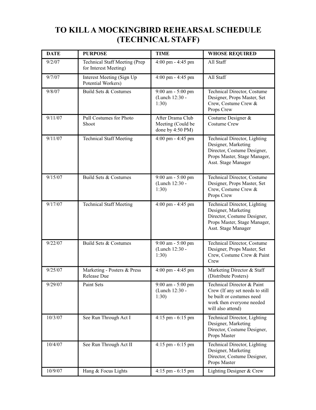 To Kill a Mockingbird Rehearsal Schedule