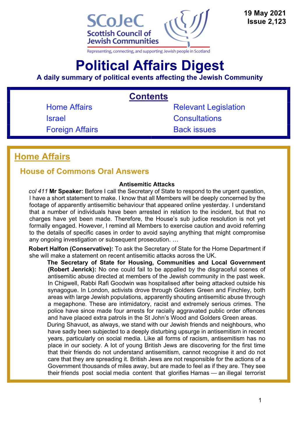 Political Affairs Digest a Daily Summary of Political Events Affecting the Jewish Community