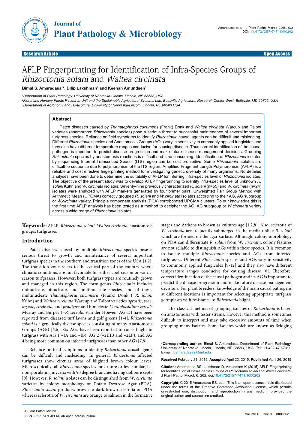 AFLP Fingerprinting for Identification of Infra-Species Groups of Rhizoctonia Solani and Waitea Circinata Bimal S